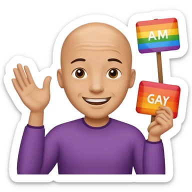 bald guy holding sign that says "am gay" sticker
