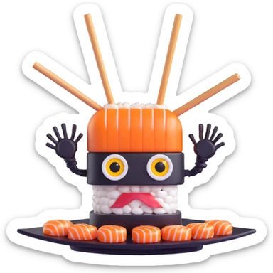 a robot shaped like a sushi roll, with LED eyes, tentacle sticks and soy sauce dripping like wires sticker