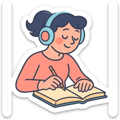 woman with headphones, journaling or reading, pastel toon style sticker
