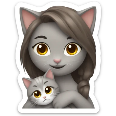 Fluffy grey cat hugging brown hair girl sticker
