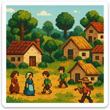 pixel art style scene of village life with small houses, trees, and villagers sticker