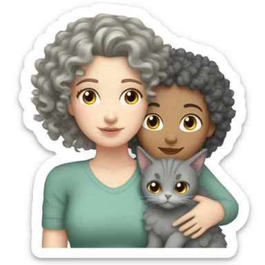 White Girl curly hair cuddling with grey cat sticker