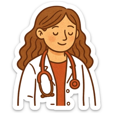 white-skinned female doctor with long wavy brown hair, wearing a white coat, red shirt underneath, red stethoscope around neck, colorful flat style sticker