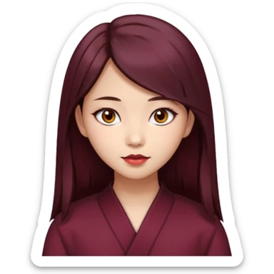asian girl, long dark burgundy brown hair, hazel brown eyes, half lidded eyes, wolfcut hairstyle sticker