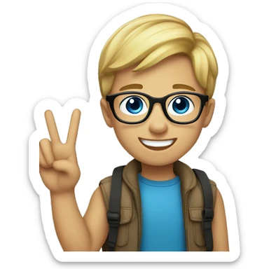 smiling boy with glasses outdoors, blue eyes, and he’s giving a peace sign  sticker