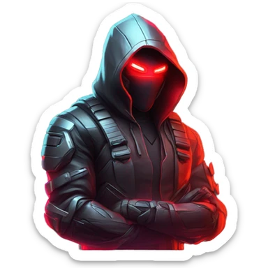 developer behind his laptop with this style : crysis Cyberpunk Riot Games Valorant neon glowing bright red character red dark black hooded assassin themed character sticker