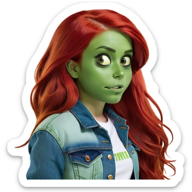 Girl with long red hair and a denim jacket sticker