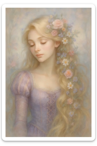 Rapunzel with flowers in her hair, dreamy fantasy style, soft colors, ethereal, beautiful sticker