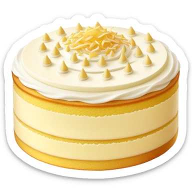 Cinematic Realistic Simple Vanilla Cake, a perfectly baked golden sponge with soft, airy layers, delicate vanilla frosting smoothly spread across the top, tiny flecks of vanilla bean visible, warm golden lighting creating depth, glowing with a sweet, irresistible charm. sticker