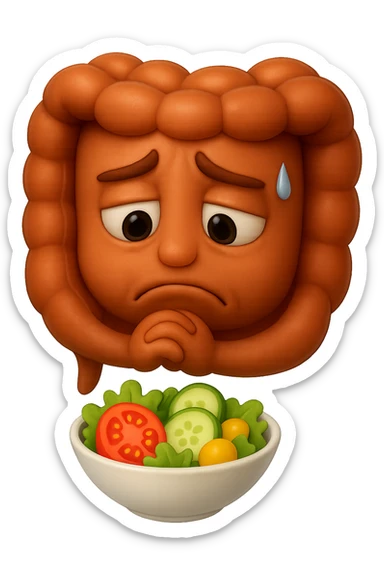 EMOJI STILE IPHONE DI UN INTESTINO UMANO ANATOMICO CHE GUARDA UN INSALATA CON ESPRESSIONE TRISTE E RASSEGNATA IN VOLTO: SOFFRE LA FAME PERCHé è A DIETA, FAGLI ANCHE LA PARTE BIANCA DEGLI OCCHI, NON SOLO LE PUPILLE, IPERREALISTICO 4K sticker