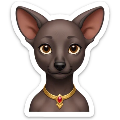 Cinematic Noble Xoloitzcuintle Portrait Emoji, Poised and regal, with a sleek, muscular build and smooth, hairless ebony skin accented by subtle wrinkles, deep-set soulful dark eyes, Simplified yet sharp and sophisticated features, highly detailed, glowing with a soft, dignified glow, high shine, intelligent and loyal, stylized with an air of ancient grace, focused and attentive, soft glowing outline, capturing the essence of a watchful and confident guardian, so majestic it feels as though it could stride out of the screen with effortless authority! sticker