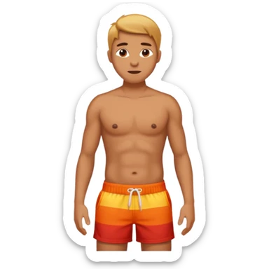 Emoji-style person in beach shorts with sunburned shoulders and chest - the chest and stomach should be white, the rest of the skin should be very red - very sunburned.  sticker