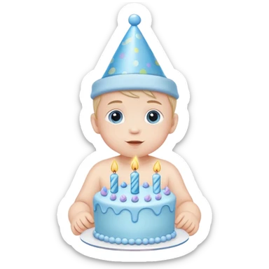 cute baby boy with pastel blue birthday hat and blue cake sticker