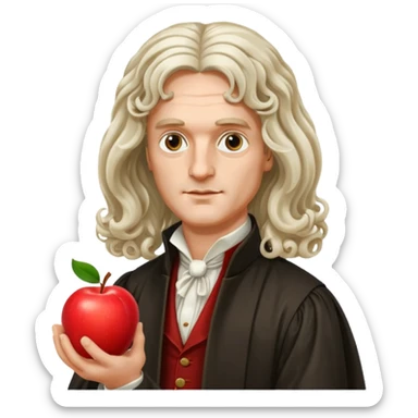 Isaac Newton wearing aristocratic attire with long curled periwig, hold an apple sticker