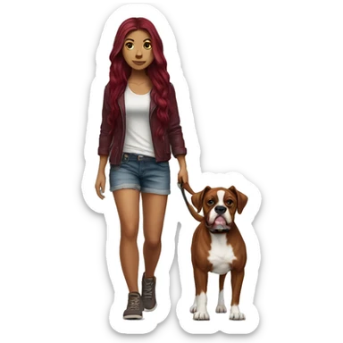 Beautiful tattooed  burgundy long haired woman walking a boxer dog sticker