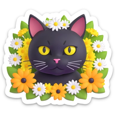 black cat with round yellow eyes, hiding in grass, white flower on head, surrounded by flowers, very three-dimensional, vibrant and playful, 3D iOS 18 style sticker