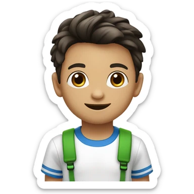 Niño caritaturesco de piel Blanca de cabello cafe despeinado con camisa verde,pantalones negros y tenis azules diciendo hola sticker