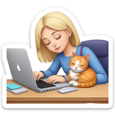 A girl is working hard in front of her laptop, and a cat is sleeping next to it sticker