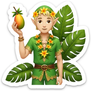 male elf in open palm-leaf shirt, offering mango. Flower necklace, sandals sticker