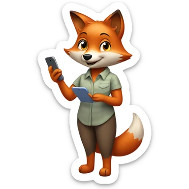 Happy fox (she is a female fox. She is animal) stands in a shirt, and uses her favourite app in the phone. She holds her phone and stares in it. sticker