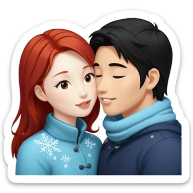 long black haired asian guy kissing redhead girl in snow sticker