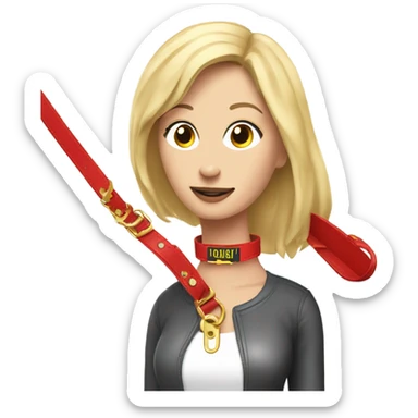 Put a Red leather dog collar and golden tag on a blond white human female with medium length hair and add a red leash connected to the collar sticker