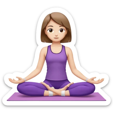 Девушка с короткими волосами до плеч русого цвета, с черными бровями, карие глаза, у неё фиолетовый спортивный костюм с топиком и шортами и белые носки, она занимается йогой в позе бибаласана (поза кошки) sticker
