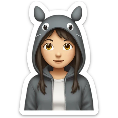 Fille Brune avec un sweat-capuche Totoro gris foncé avec les rond clair de Totoro sur ventre  sticker