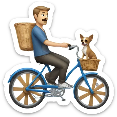 Man on blue bicycle with a baskey on back and a small chihuahua in basket sticker