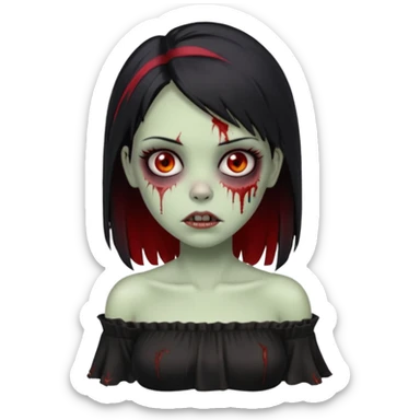Garota zumbi com cabelo liso e mechas vermelhas na lateral da cabeça dos dois lados, usando uma blusa com manga caida preta sticker