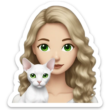 White brunette long hair woman with green eyes holding white devon rex with blue eyes sticker