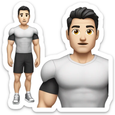 Confused Pale skinned Fit Man With the biceps and dark brown hair in black shirt, gray sports shorts and white Sneakers sticker
