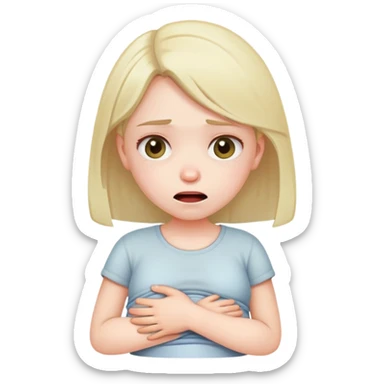 girl with strained facial expression, discomfort, holding stomach, constipation sticker