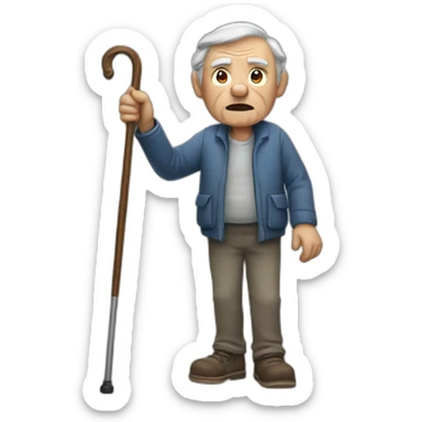 Old man leaning on a walking cane holding his back with the other hand grumpy face, detailed sticker