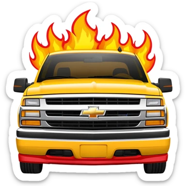 Bright yellow 1997 Chevrolet C-2500 Crew Cab Silverado from Kill Bill with red flame decals on the front hood, 30-degree view showing flames clearly, iOS emoji style sticker