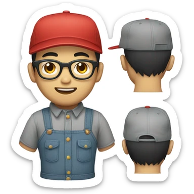An Asian man with a beard and glasses, wearing an overalls and a button-up shirt and a dark cap with a red letter "M" design sticker