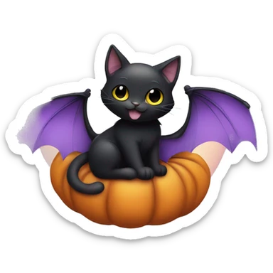 Cute black cat with bat wings sitting on a pumpkin holding a pastel Purple Heart sticker