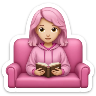 Una chica linda de cabello oscuro con ondas hasta los hombros de piel blanca con una sudadera rosa en un sofá cómodo y hermoso leyendo la biblia sticker