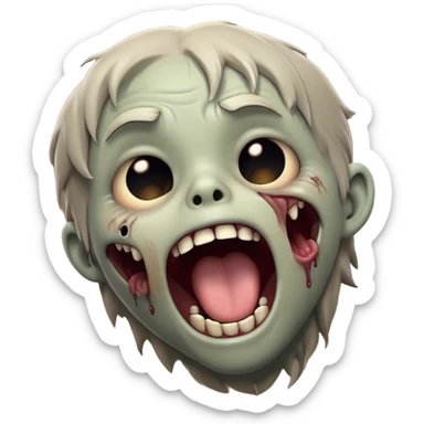 Cinematic Cute Yawning Zombie Portrait Emoji, with a delightfully quirky, slightly disheveled face in muted ashen tones, head tilted back in a big, funny yawn that reveals quirky stitches and playful gaps, simplified yet irresistibly charming, highly detailed with a soft, eerie glowing outline capturing the sleepy, offbeat vibe of a zombie taking a nap! sticker