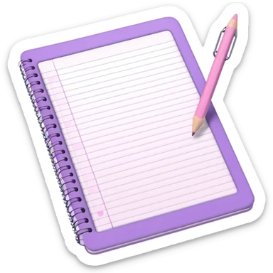 spiral notebook in soft purple, white 'schedule' text on cover, soft pink pencil placed on it, iOS emoji style sticker