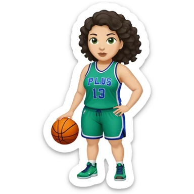 full body plus size light skin latino women basketball player with wavy dark hair large wide nose wearing blue with green uniform sticker