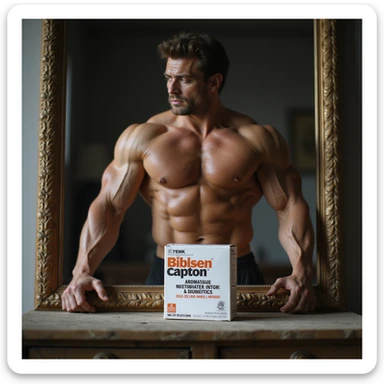 realistic bodybuilder posing in competition in front of mirror, extremely defined muscles, tired eyes, box of aromatase inhibitors and diuretics on furniture labeled in Italian sticker