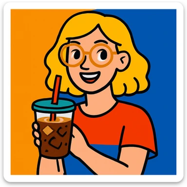 blonde woman with gold glasses holding an iced coffee, vibrant illustration sticker