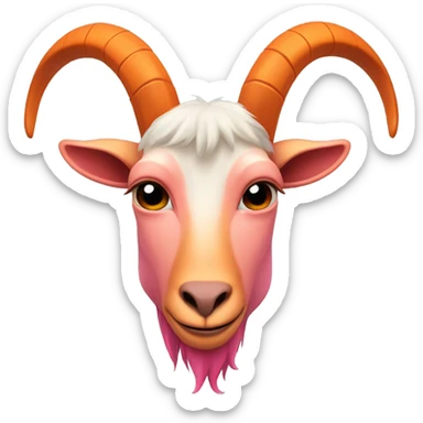 an anthromorphic goat with big curved horns and its face replaced with a rounded screen dislaying a simplified, single-colored orange-pink face sticker