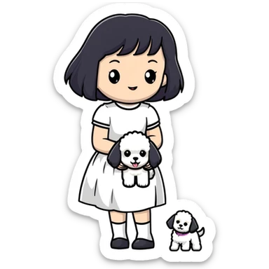 A beautiful girl with long straight black hair wearing a white skirt holding a small white Bichon Frise sticker