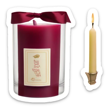 A glowing burgundy candle casting warm light over a bouquet of ruby-red dahlias and a velvet ribbon sticker