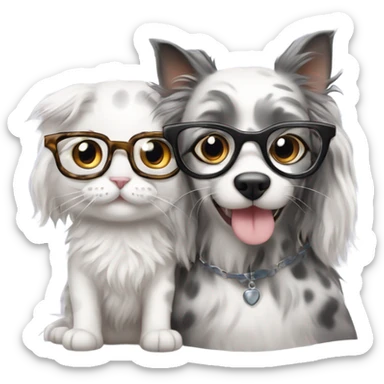 long-haired dilute calico cat wearing glasses sitting with a fluffy dalmatian wearing glasses sticker