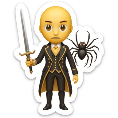 3d yellow emoji character in victorian suit nervously holding a tiny sword, facing a small cartoon spider, exaggerated brave face, retro 3d emoji render, simple white background sticker