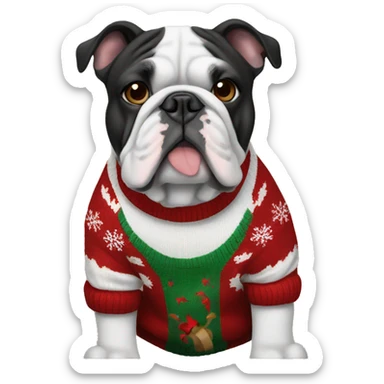 Black and white bulldog wearing Christmas sweater sticker