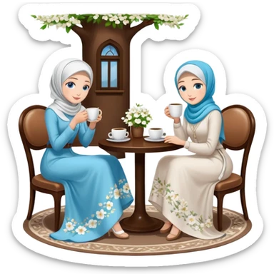 Turkish beautiful finish Konya girls blue eyes with Beautiful white blossom floral hijab long tail dress and the two friends in a white lovely coffeehouse sits on the chair on the ground and holds cup coffe with her hand  sticker